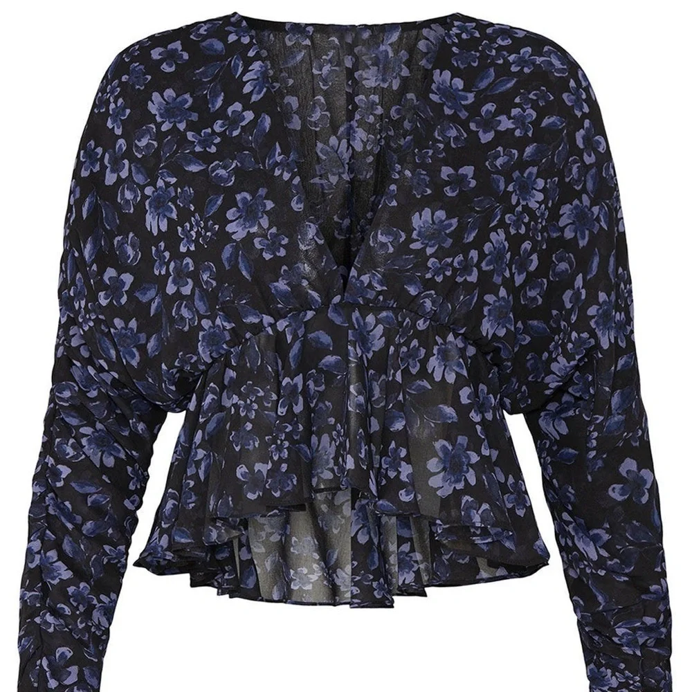 MISA Los Angeles Kesara Top XS Navy Floral Peplum Blouse NWOT Cropped - Picture 7 of 12